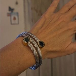 Stainless steel Cable Bracelet/ w gold and black ends